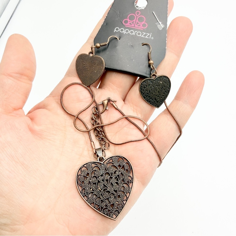Paparazzi Heart Pendant Necklace & Earrings Set Copper Tone Filigree Jewelry